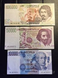 3 banconote vecchie lire USATE da 100, 50,10 mila