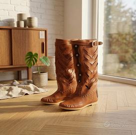 Stivali, western, pelle, cognac, borchie, 39