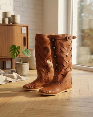 Stivali, western, pelle, cognac, borchie, 39