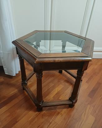 Tavolino da salotto in noce con piano in cristallo