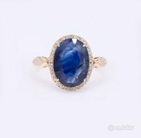 Anello oro 14K zaffiro blu 5,17 ct IGI e diamanti