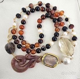 Collana Quarzo Fumè, Citrino, Agata e Moonstone