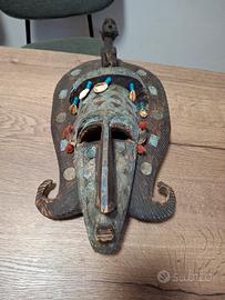 Maschera Africana Tribale Vintage - Legno, Ottone 