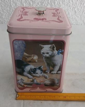Scatola Latta Contenitore Rosa 10x13cm con Gattini