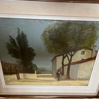 Olio su cartone pressato - paesaggio con figura