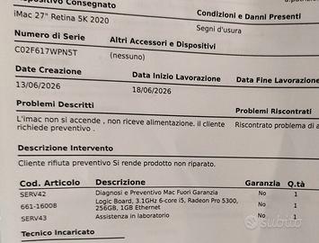 imac 27" retina 5k 2020 per ricambi
