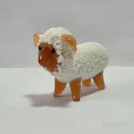 Piccola scultura pecora in vetro bianco arancio