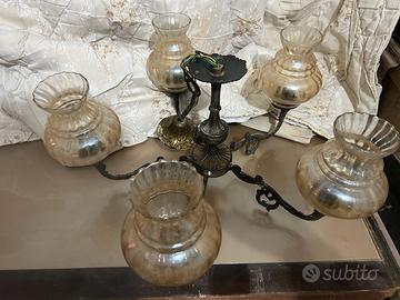Lampadario Antico in Ottone e Vetro a 5 bracci - V