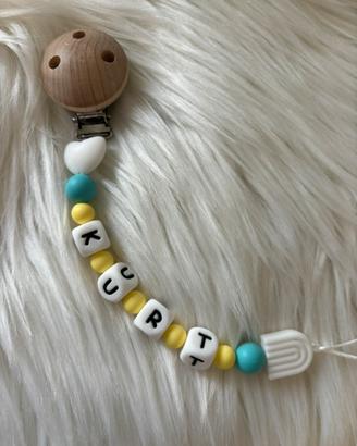 Catenella ciuccio in silicone con clip in legno