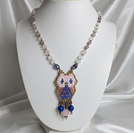 Collana Vintage boho Gufo Quarzo rosa lapislazzul