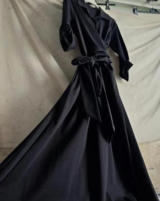 Abito lungo nero a portafoglio cotone