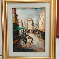 Quadro con mercatino dipinto a mano firmato.