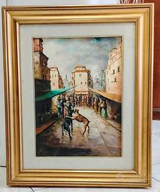 Quadro con mercatino dipinto a mano firmato.