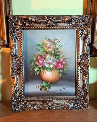 Quadro antico anni 80 barocco vaso fiori 27x32 cm