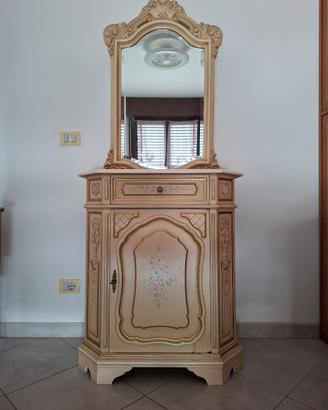 Mobiletto da ingresso con specchio legno decorato.
