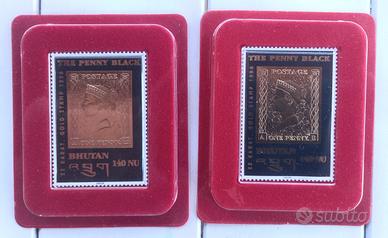 2 Francobolli Oro 22K Bhutan 1996 The Penny Black 