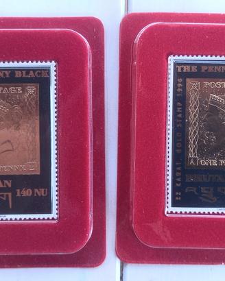2 Francobolli Oro 22K Bhutan 1996 The Penny Black 