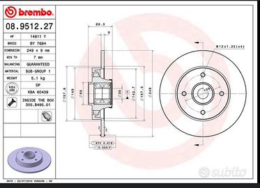 Dichi brembo 08.9512.27 Peugeot Citroen Opel