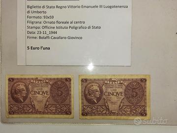 Banconote 5 Lire e 10 Lire 1935, 1940, 1944