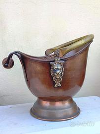 Secchio per carbone vintage in rame e ottone