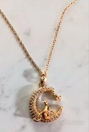 Collana inox placcata oro  – Ciondolo gatto e luna