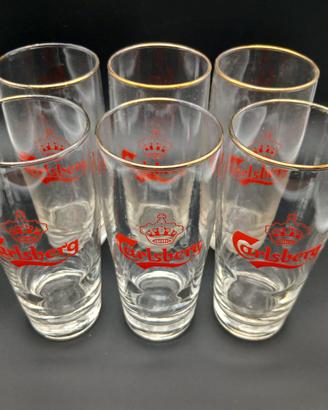 6 Bicchieri Birra Carlsberg Vintage Bordo Oro Rari