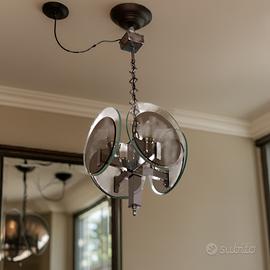 Lampadario Art Déco in metallo cromato e vetro 70s