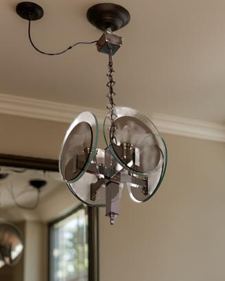 Lampadario Art Déco in metallo cromato e vetro 70s