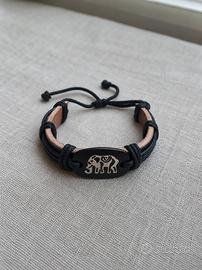 Bracciale in Pelle Nera con Elefante bianco 