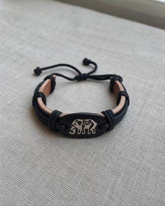 Bracciale in Pelle Nera con Elefante bianco 