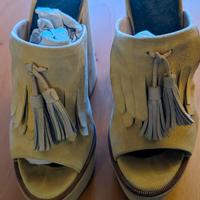 sandali sabot con frange e tacco a blocco in pelle