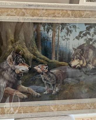 Dipinto a mano, famiglia di lupi nel bosco