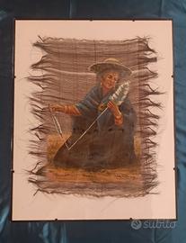 Quadro tecnica mista su tessuto firmato vintage do