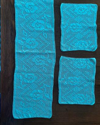 Set 3 centri filet in cotone verde acqua
