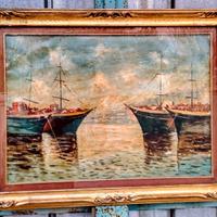 Quadro con Barche dipinto a olio, antico.