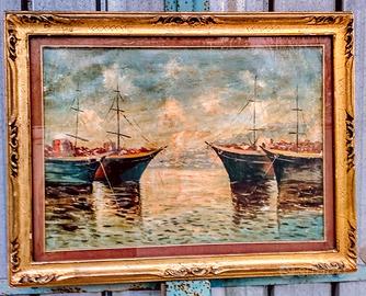 Quadro con Barche dipinto a olio, antico.