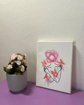 Quadro ricamato a mano con farfalle rosa