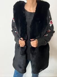 Gilet lungo invernale in finta pelliccia nera