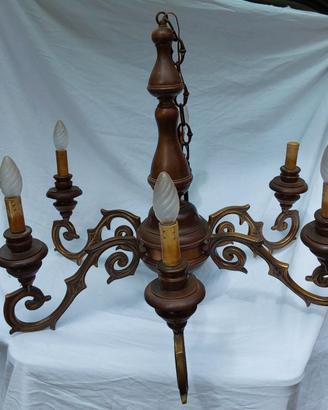 lampadario 6luci in bronzo e legno stile antico