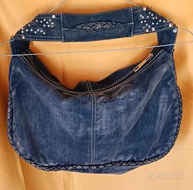 borsa jeans donna blu scuro e strass a spalla 