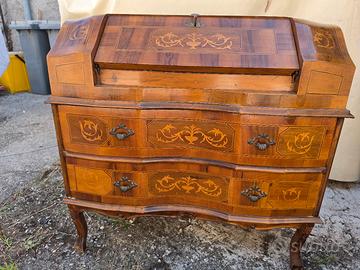 mobile antico à ribalta legno e intrsi artigianali