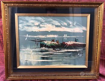 Quadro Olio Marina con barche e pescatori G. Rizzo
