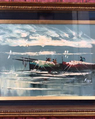 Quadro Olio Marina con barche e pescatori G. Rizzo