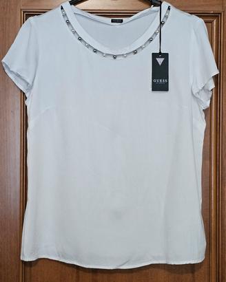 T-shirt Guess Bianca con Perle - Taglia L - NUOVA