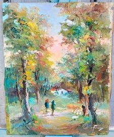 Quadro paesaggio alberato dipinto a olio su tela.
