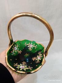Vetro Murano cestino verde smeraldo dipinto a mano