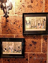 Coppia Di Dipinti A Mano Su Cartoncino In Cornice 