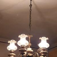 Lampadario in ottone, ceramica di Bassano anni70 