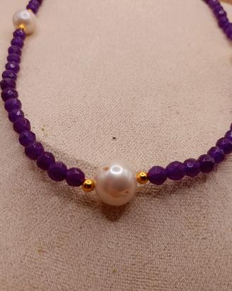collana ametista , perle naturali e gancio argento