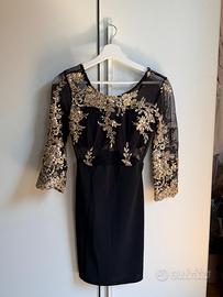 Vestito Donna Nero Elegante con Ricami Oro